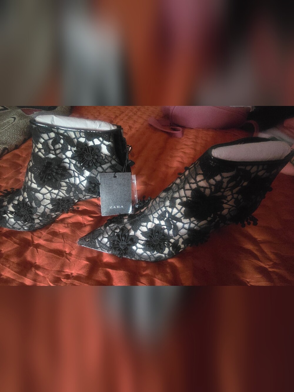 Zara Black Lace Floral Appliqué Pointed Ankle Booties